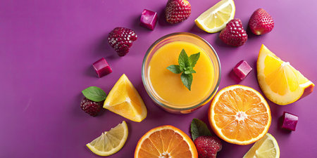 Glass of fresh smoothie and ingredients on color background, top viewの素材