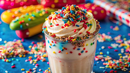 Creamy milkshake with whipped cream and colorful sprinklesの素材