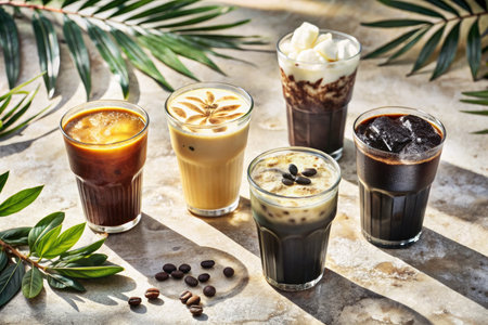 Iced coffee with whipped cream and coffee beans on light background.の素材