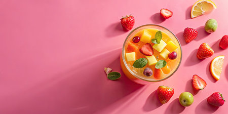 Fruit salad in a glass on a pink background. Top view.の素材
