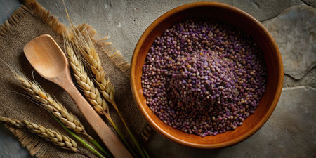 Bowl of purple lentils and ears of wheat on the tableの素材