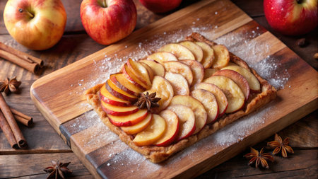 Apple tart with cinnamon and star anise on wooden board, closeupの素材