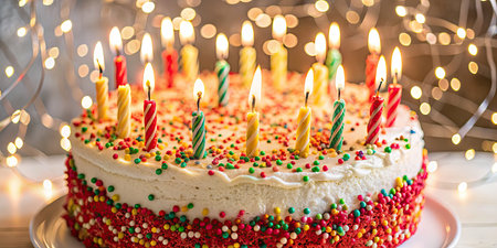 Birthday cake with burning candles on a light background, close-upの素材