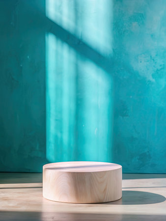 Wooden podium in front of a turquoise wall with shadowsの素材