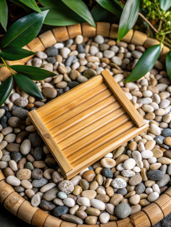 Wooden bamboo tray with pebbles and green leaves on stone backgroundの素材