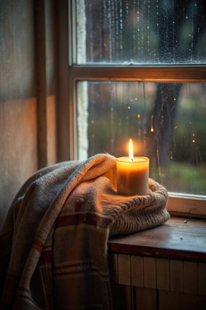 A burning candle on the background of the window in the rain.の素材