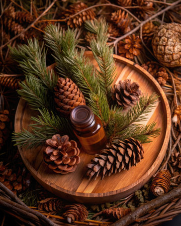 Essential oil in a glass bottle on the background of fir branches and conesの素材