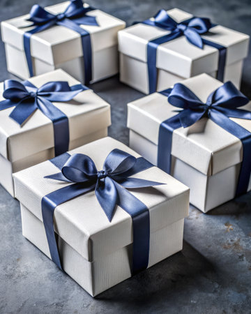 Gift boxes with blue ribbons on stone background, selective focusの素材