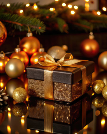 Christmas gift box with golden bow on bokeh lights background.の素材