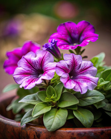 Purple Petunia flowers in a clay pot on a blurred backgroundの素材