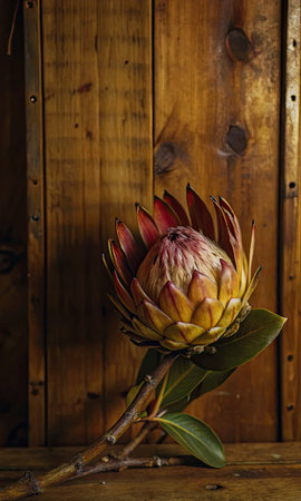 Beautiful protea flower on a wooden background. Copy space.の素材