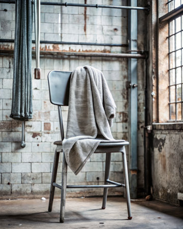 Abandoned industrial interior with a chair and a towel in an abandoned factoryの素材