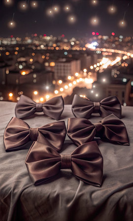 wedding bows on the background of the city in the eveningの素材