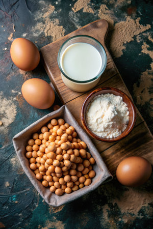 Soybean milk, flour and eggs on rustic background.の素材