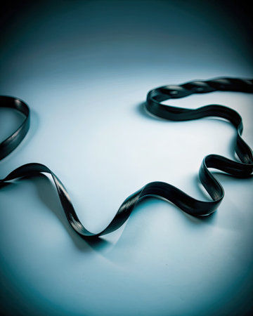 Curly black ribbon on blue background.の素材