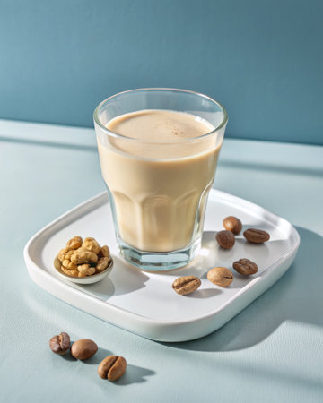 Glass of cappuccino with nuts on white plate on blue backgroundの素材