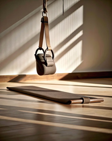 Yoga mat and belt in a gym with sun rays coming through the windowの素材