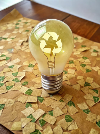 Energy saving lightbulb with recycle symbol on cork board.の素材