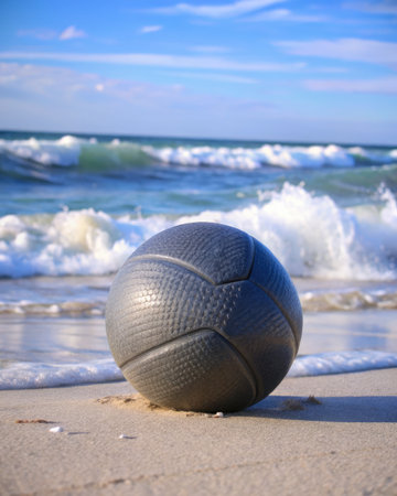 Soccer ball on the beach with waves and blue sky background.の素材