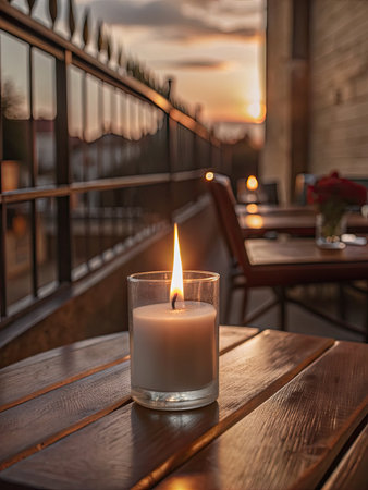 Burning candle in a glass on the terrace of a restaurantの素材