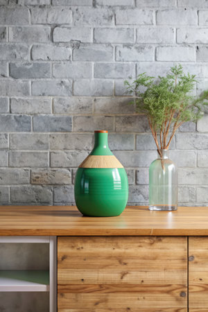 green vase on wooden table in modern living room with brick wallの素材
