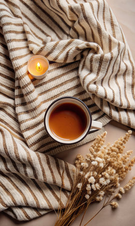 Cup of hot drink, plaid and candle on beige backgroundの素材