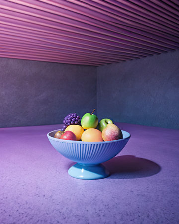 Fruits in a bowl on a purple background.の素材