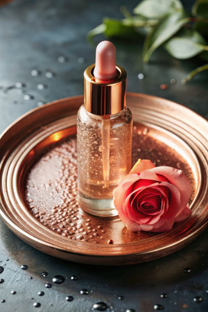 Beautiful spa composition with rose oil on metal tray, closeupの素材