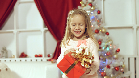 Little girl enjoys the gift for the New Yearの写真素材