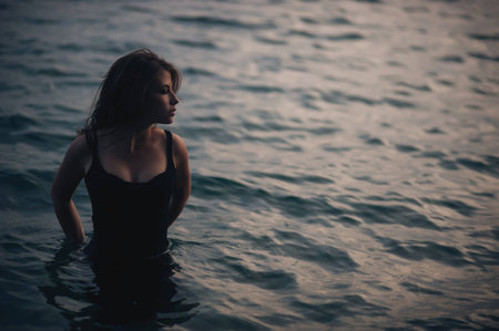 Seductive model in the dress standing in the sea waterの写真素材