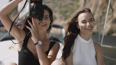 Young girls make photos on yachtの写真素材