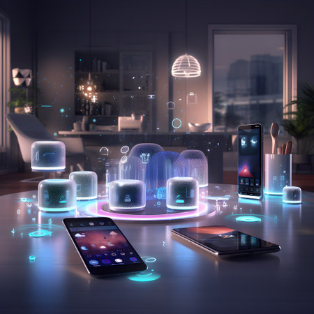 Smartphones on table in office with glowing hologram screens. AI Generatedの素材