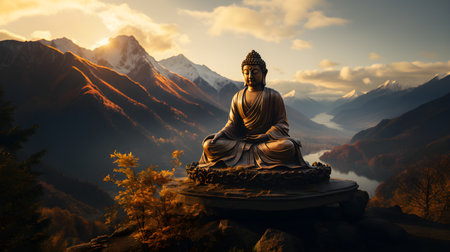 Buddha statue in the mountains at sunset. AI Generated.の素材