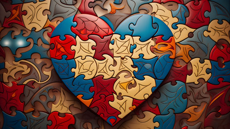 Heart shape made out of colorful puzzle pieces. 3d illustration. Generative AI.の素材