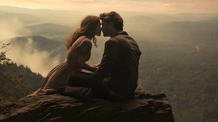 Romantic young couple sitting on top of a mountain and kissing. Generaitve AI.の素材