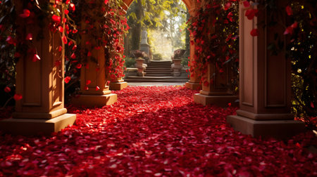 Beautiful red rose petals fall on the ground in the park. Generative AI.の素材