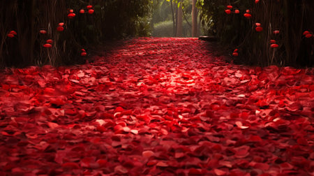 Red rose petals falling on the ground in the park with path. Generaitve AI.の素材