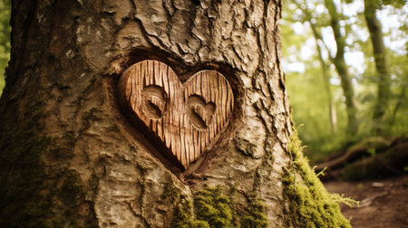Wooden heart on a tree in the forest. Love concept. Generative AI.の素材