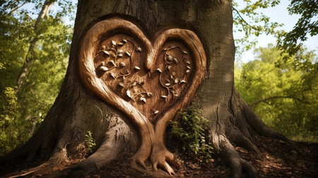 Wooden heart-shaped tree in the forest. 3d rendering. Generative AI.の素材