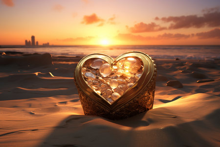 Heart shaped gold jewelry box on the beach with sunset in the backgroundの素材