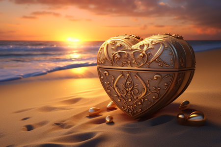Heart-shaped gold box on the beach at sunset. 3d renderの素材