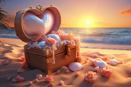 Treasure chest with heart on the beach at sunset. Valentines day conceptの素材