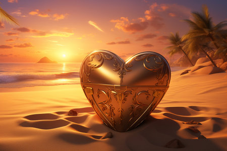 Gold heart on the beach at sunset. 3d render illustration.の素材