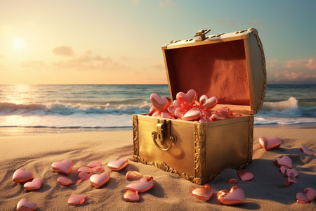 Treasure chest with hearts on the beach at sunset. Valentines day conceptの素材