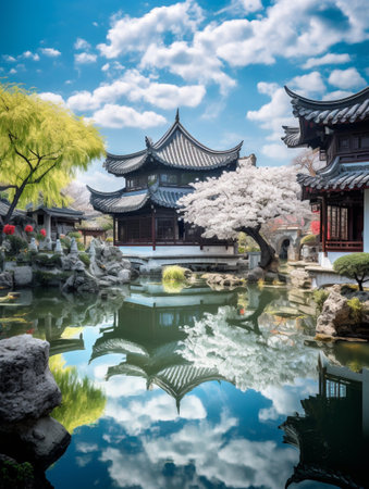 Beautiful chinese temple with cherry blossom in spring time.の素材