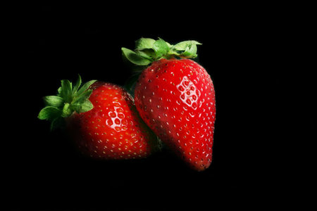Strawberry Duet - Two ripe strawberries on blackの写真素材