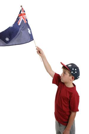 Patriotic child waving the Australian flagの写真素材