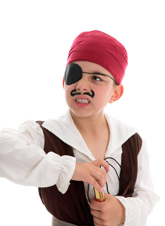 An angry young pirate with eye patch holds a telescope.  White backgruond.の写真素材
