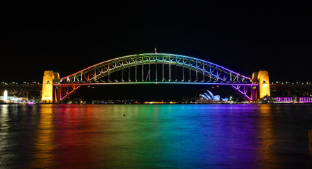 SYDNEY HARBOUR BRIDGE, AUSTRALIA - JUNE 2, 2014 -  Harbour Bridge Rainbow during Vivid Sydney annual...