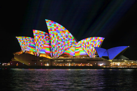 SYDNEY, AUSTRALIA - JUNE 2, 2014; Sydney Opera House illuminated in geometric vibrant colour during Vivid Sydney annual festival of light, music and ideasのeditorial素材